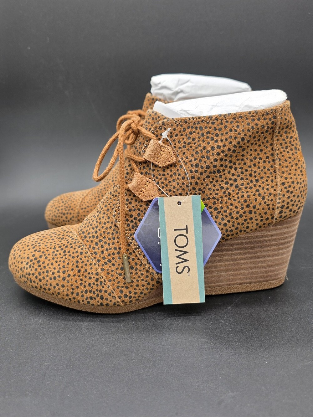 NWT TOMS Women's Kala Wedge Booties in a Tan Mini Cheetah Suede finish
